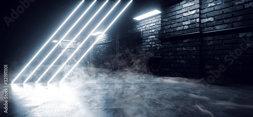 Fototapeta Naklejka Na Ścianę i Meble -  Smoke Modern Neon Laser Futuristic Sci Fi Brick Garage Grunge Concrete Cement Basement Tunnel Corridor Alien Parking Showroom Night Cyber 3D Rendering
