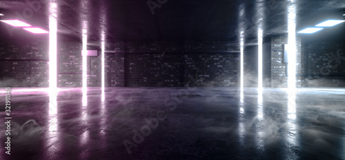 Fototapeta Naklejka Na Ścianę i Meble -  Smoke Modern Neon Laser Futuristic Purple Blue Sci Fi Brick Garage Grunge Concrete Cement Basement Tunnel Corridor Alien Parking Showroom Night Cyber 3D Rendering