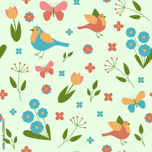 Seamless pattern seasons spring birds, flowers and leaves