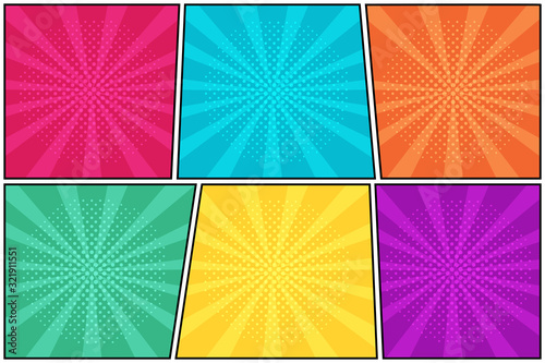 Colorful comic background in pop art style, halftone shadow, blank template. Vector illustration