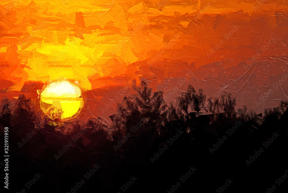 Impressionistic Style Artwork of the Sun Setting in a Smoky Western Sky