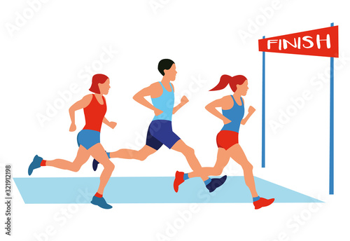 Running marathon competition. Athlete sprinter group moving to end race point. Distance jog on stadium. Sportsmen team. Finish line. Win and championship. Isolated. Flat cartoon illustration. 