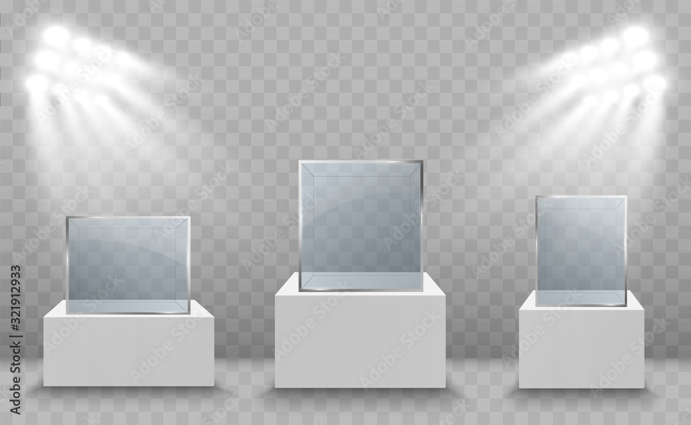 Glass showcase for the exhibition in the form of a cube. Background for sale illuminated by spotlights. Museum glass box isolated advertising or business design boutique. Exhibition hall. Glass showcase for the exhibition in the form of a cube. Background for sale illuminated by spotlights. Museum glass box isolated advertising or business design boutique. Exhibition hall.