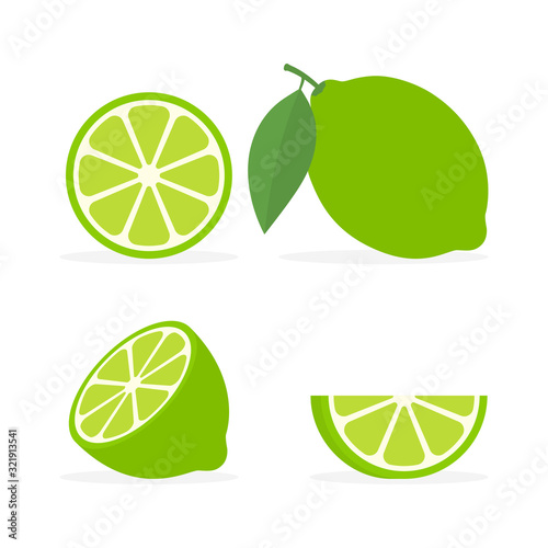 Collection fresh whole, half and slice lime with green leaf