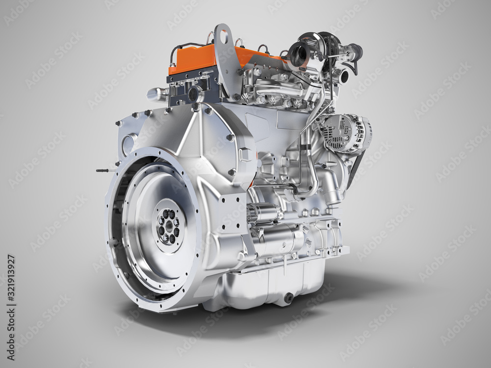 3D rendering orange engine for car assembly on gray background with shadow 3D rendering orange engine for car assembly on gray background with shadow