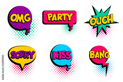 Omg, ouch, kiss, party set speech bubble comic text