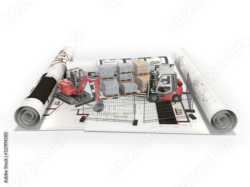 Fototapeta Naklejka Na Ścianę i Meble -  3d rendering concept of building plot in the drawings with construction equipment on white background with shadow