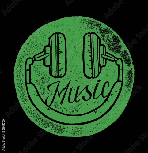 Headphones smiley face - music print vector illustration