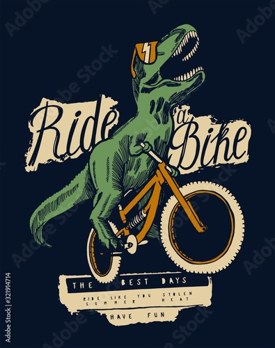 T-rex dinosaur riding bicycle in sunglasses and laughing - summer sports t-shirt print design - vector illustration