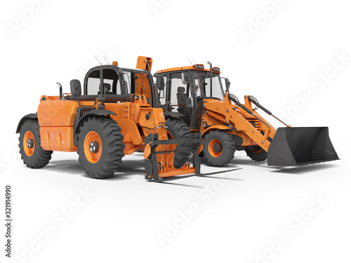 3D rendering construction equipment multifunctional tractor and telescopic excavator on white background with shadow