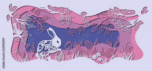 Laser cutting. Easter card. Rabbit in a clearing with eggs. Trees and leaves with a bird. The pattern for the plotter and scrapbooking