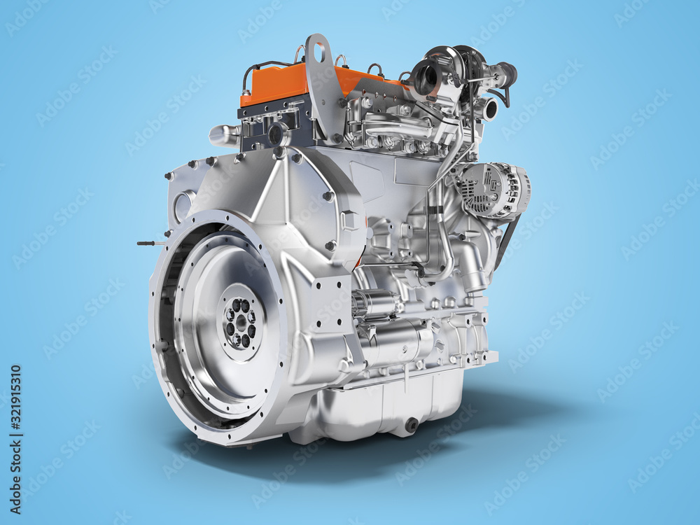 3D rendering orange engine for car assembly on blue background with shadow 3D rendering orange engine for car assembly on blue background with shadow