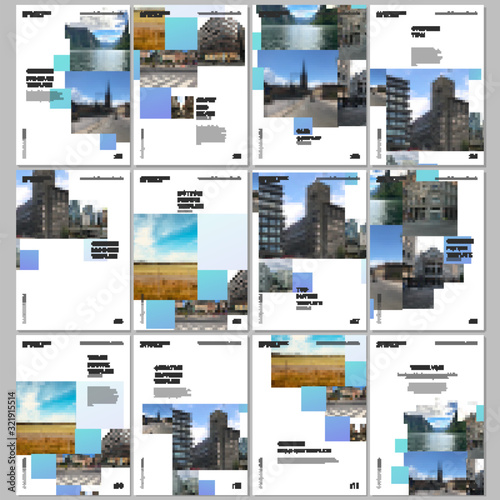 A4 brochure layout of covers design templates for flyer leaflet, A4 format brochure design, report, magazine, book design. Geometric blue color abstract background with photos, consisting of squares.
