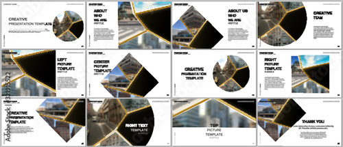 Presentation design vector templates, multipurpose template for presentation slide, flyer, brochure cover design. Abstract black and golden project with clipping mask, geometric shapes for your photo.
