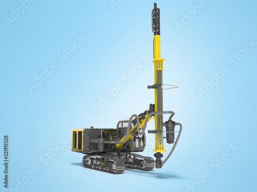 Yellow drill rig for drilling piles 3D rendering on blue background with shadow