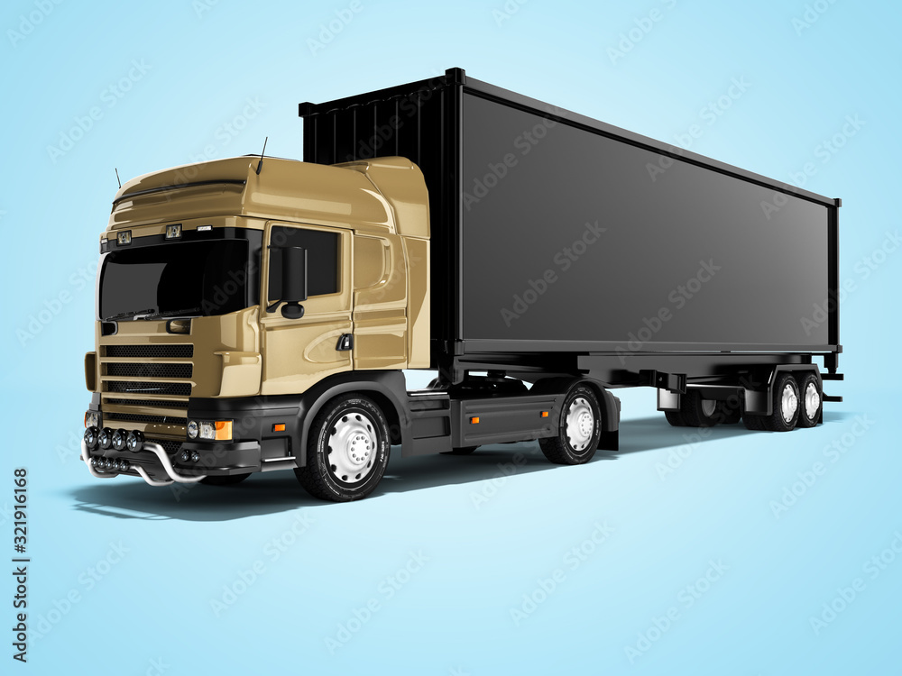 3d rendering truck tractor with black trailer on blue background with shadow 3d rendering truck tractor with black trailer on blue background with shadow