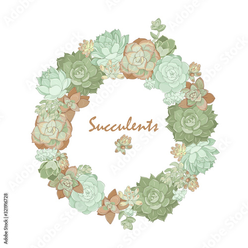 Wreath of succulents of different types on a white background, vector illustration