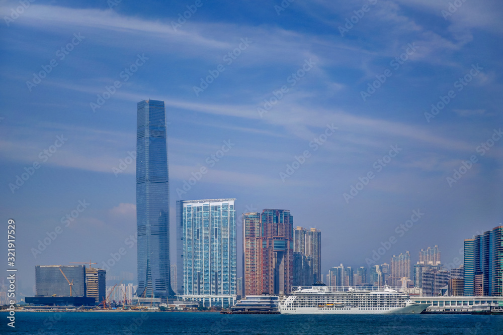Modern architecture of the skyscrapers in the Hong Kong skyline during the day