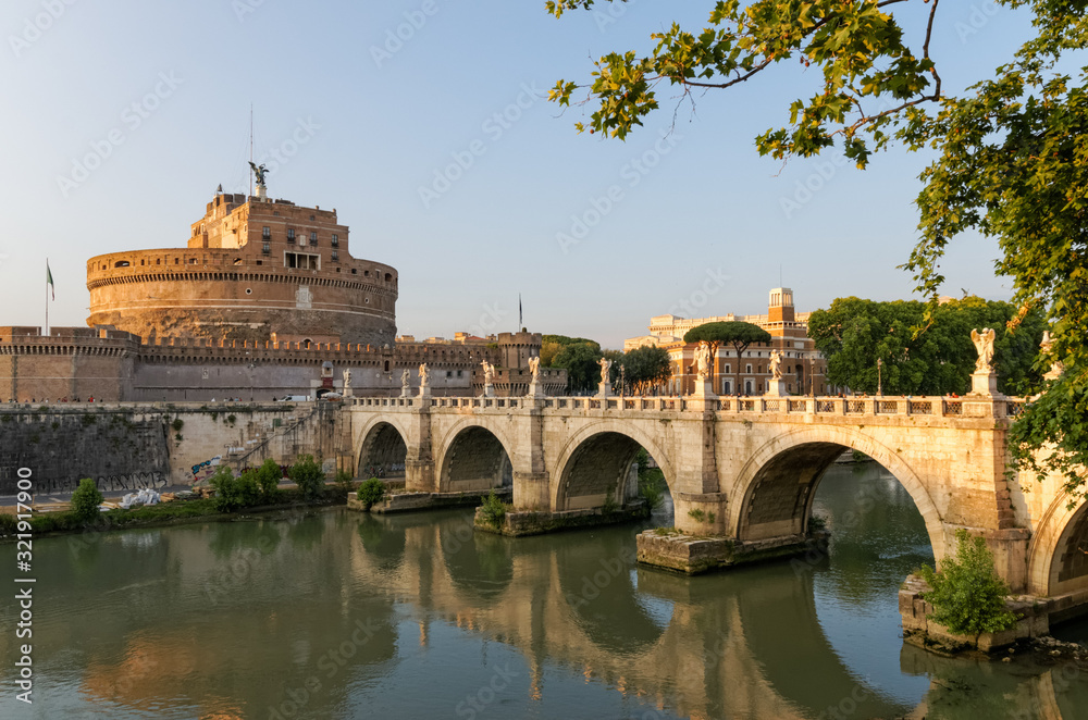 Rome, Italy, May 2017: The Castel Sant'Angelo and the Sant'Angelo Bridge over the River Tiber