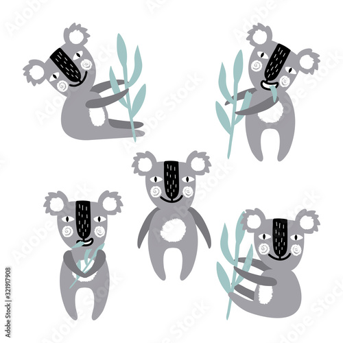 Photography Set of cute koalas with eucalyptus illustration in scandinavian style