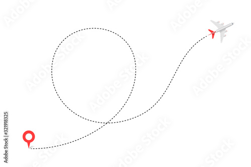 Airplane dotted line path of air plane flight route with start location point and dash line trace vector icon. Travel aircraft tracking plan