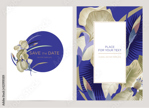 Wedding invitation card with irises. Spring flowers on a blue background. Vector template for the invitation, shop, beauty salon, spa.	