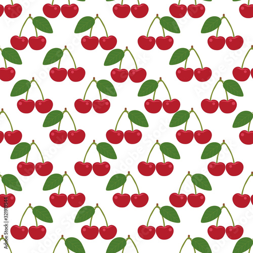 Sour cherries seamless pattern vector. Illustration of a hand drawing with red and green colors on isolated white background. For fabric, cloth, backdrop, wrapping paper, Printable eps 10 format.