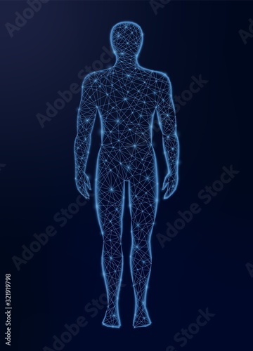Human body low poly vector illustration on dark background. Medicine, science and technology concept.
