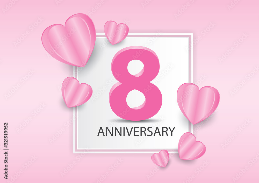 8 Years Anniversary Logo Celebration With heart background. Valentine’s Day Anniversary banner vector template