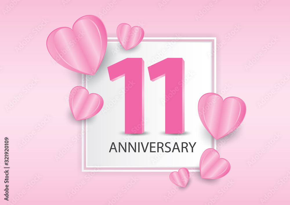 11 Years Anniversary Logo Celebration With heart background. Valentine’s Day Anniversary banner vector template