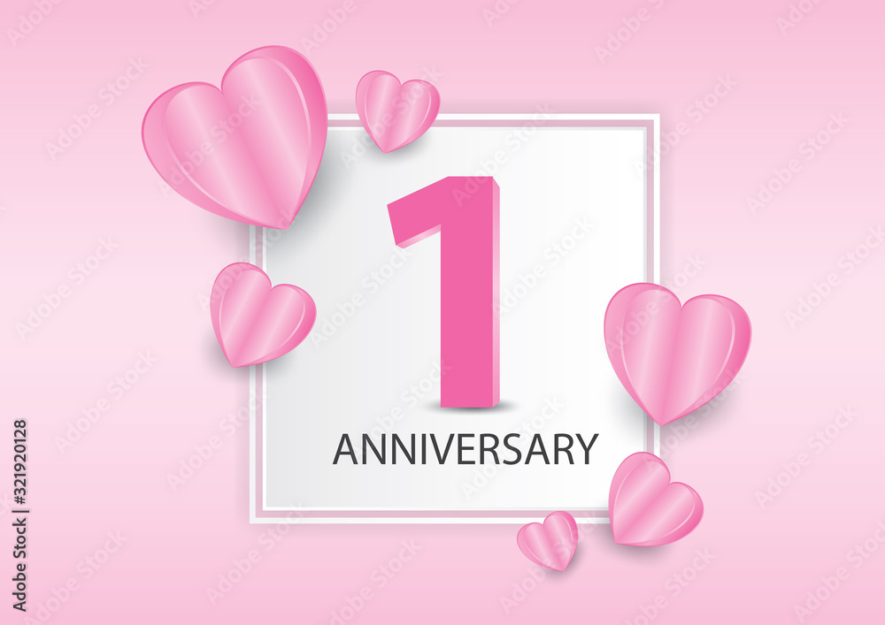 1 Years Anniversary Logo Celebration With heart background. Valentine’s Day Anniversary banner vector template