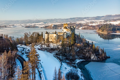 Niedzica Castle with Czorsztyńskie lake aerial view.
