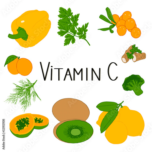 Hand drawn set of vitamin c products.Healthy concept.