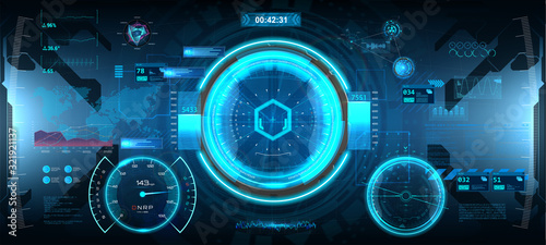 Futuristic Head-up display in HUD style. Sci-Fi cockpit helmet. GUI interface design. Virtual reality View from the cockpit spaceship. Cyberpunk interface. Vector illustration