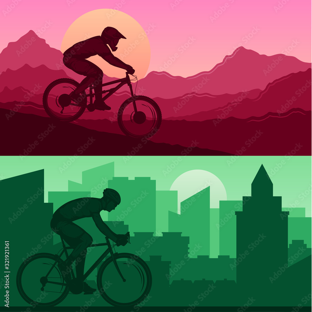 Vector mountain and road urban biking illustrations with a rider on a bicycle and wild nature and city landscapes