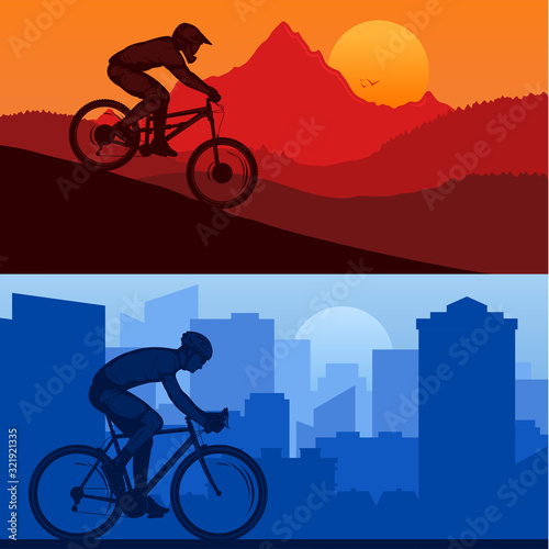 Vector mountain and road urban biking illustrations with a rider on a bicycle and wild nature and city landscapes