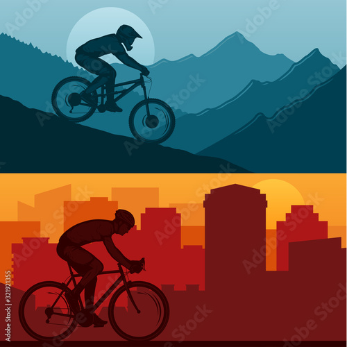 Vector mountain and road urban biking illustrations with a rider on a bicycle and wild nature and city landscapes