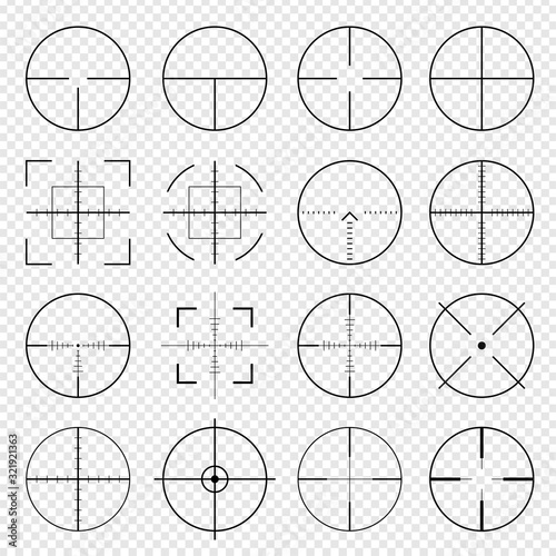 Pack of sniper rifle aims isolated. Crosshairs target choose destination icons. Aim shoot focus cursor. Bullseye mark targeting. Game aiming sight dot pointer set. Vector illustration