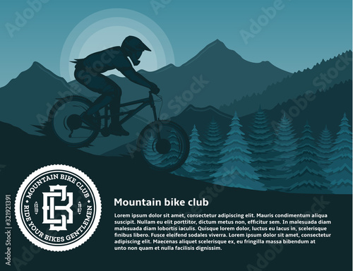 Vector mountain biking illustration with a cyclist, mountains and trees