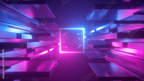 Tableau sur toile 3d render, abstract futuristic background, blue pink neon light, ultraviolet glowing line, blank square frame, copy space, cosmos