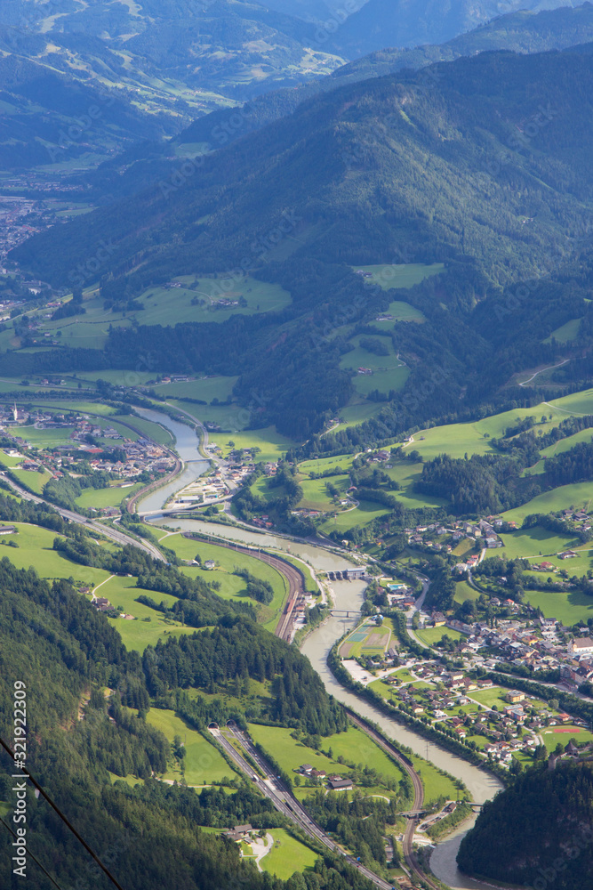 view of valley in Austrian alps with Hohenwerfen castle view of valley in Austrian alps with Hohenwerfen castle