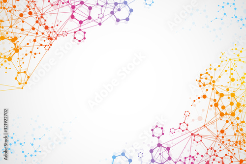 Science network pattern, connecting lines and dots. Technology hexagons structure or molecular connect elements.