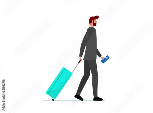 Businessman walking with suitcase and flight ticket. Business man with luggage bag in arrival and departure terminal going on boarding to plane. Tourist traveling concept vector illustration