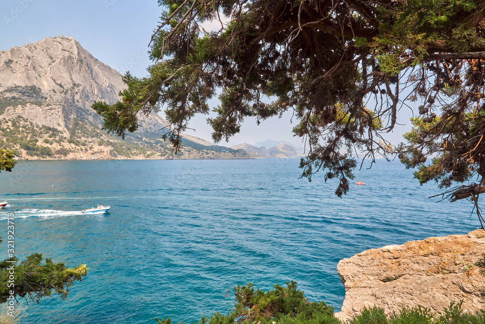 Boat moving on the waves. View of Green Bay, coastal cliffs and a ridge of mountains on the horizon. Mountain juniper. Black Sea coast, Sudak region, Republic of Crimea
