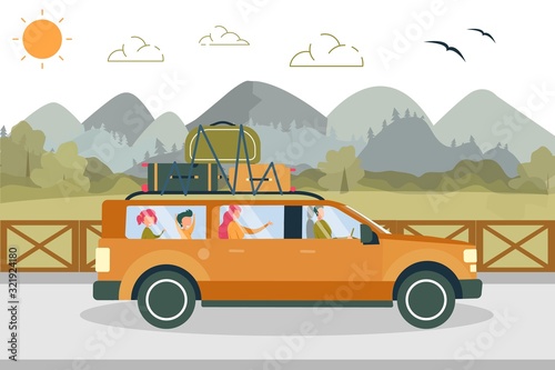 Parents and Kids Travel by Car with Luggage Bags