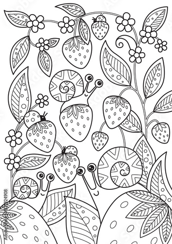 Summer doodle coloring book page. Antistress for adults. Cute snails and ladybugs on the strawberries.