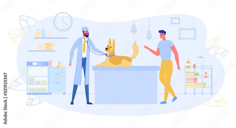 Big Dog Coming with Man to Visit Veterinarian. Big Dog Coming with Man to Visit Veterinarian.
