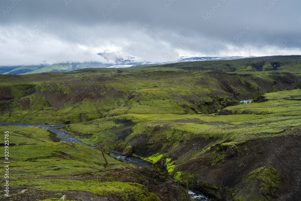 River Skoga in Iceland Highlands on a cloudy day, hiking Fimmvördurhals