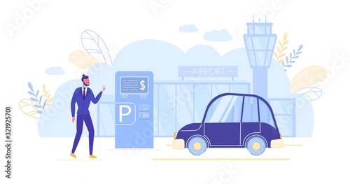 Man Using Payment Terminal in Airport Parking.
