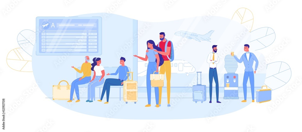 Tourists Waiting Plane Departure in Airport Hall. Tourists Waiting Plane Departure in Airport Hall.